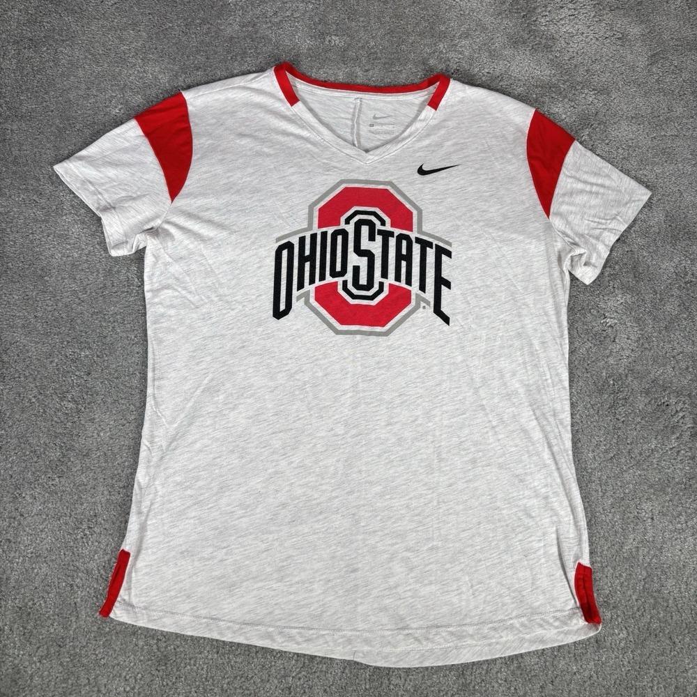 Nike Ohio State Buckeyes T Shirt Womens M Gray Short Sleeve Big Logo V Neck